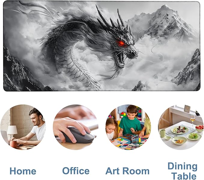 Large Mouse Pad Chinese Dragon Gaming Desk Pad Computer Keyboard Non-Slip Waterproof Mouse Mat with Rubber Base and Stitched Edges Entertainment Office Writing Desk Mat 35.4 x 15.7 Inches