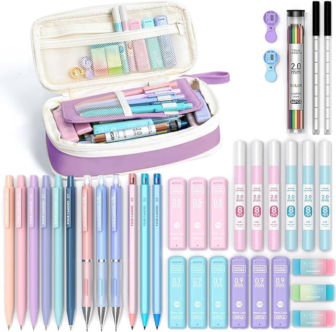 Four Candies 36PCS Aesthetic School Supplies, Mechanical Pencil Set 0.5mm, 0.7mm, 0.9mm & 2.0mm with 624 Lead Refills, Back to School Supplies for Writing & Drawing, Ideal Stationary Set Gift (Purple)