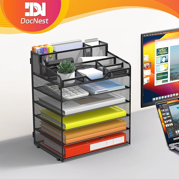 Docnest 6 Tier Mesh Desk Organizer for Paper Office Supplies – Multi-Functional Letter Tray with 5 Adjustable Compartments, 3 Pen Holders, Desktop Storage for Files, Mail, Stationery – Black
