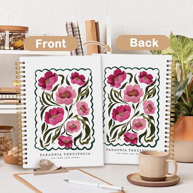 MOFUYU Flower Notebook,Plant Hardcover Spiral Notebook,Journal for Women,Rustic Spring Floral Cottagecore Notebook Journal for Work Office School Student Teacher. 5.5x8.3 Inch
