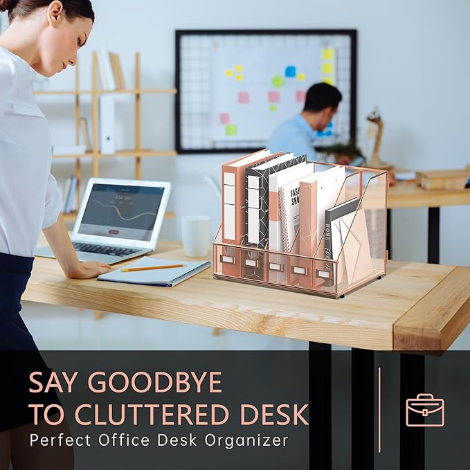 DALTACK Desk Organizers Metal Magazine File Holder with 5 Vertical Compartments Folder Storage Binder Organizer for Office Home School Organization, Rose Gold, Plus