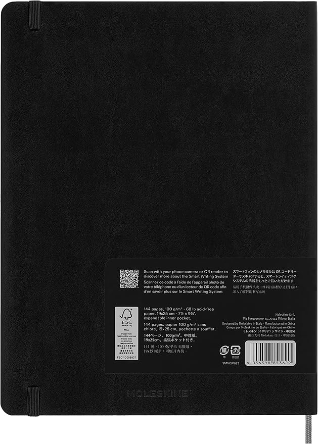 Moleskine Smart Notebook, Extra Large, Plain, Black, Soft Cover (7.5 x 10)