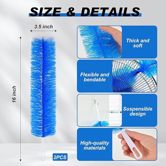 Sliner 2 Pcs Cobweb Duster Bendable Fan Duster Plastic Dust Cleaner Microfiber Head Ceiling Brush Reusable Dirt Remover for Fan Air Conditioning Home Vents Shutters (Blue)