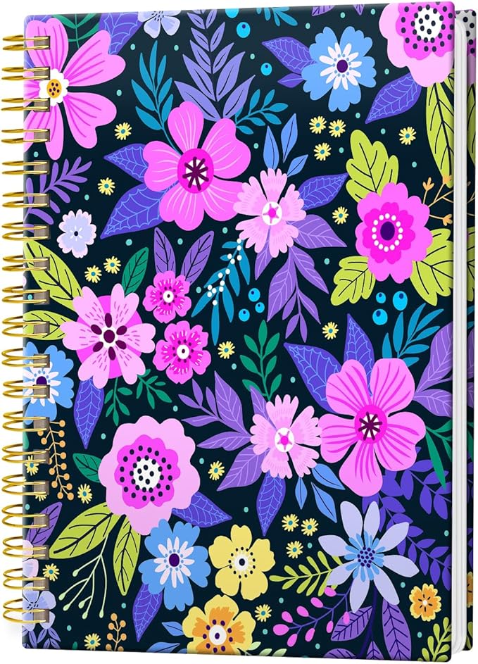 Spiral Journal Notebook, Hardcover Lined Journal for Women, Medium 6 x 8.4 in, 120 Pages Thick Paper, College Ruled Notebook for Writing, Work, Office, and School,Flower Purple