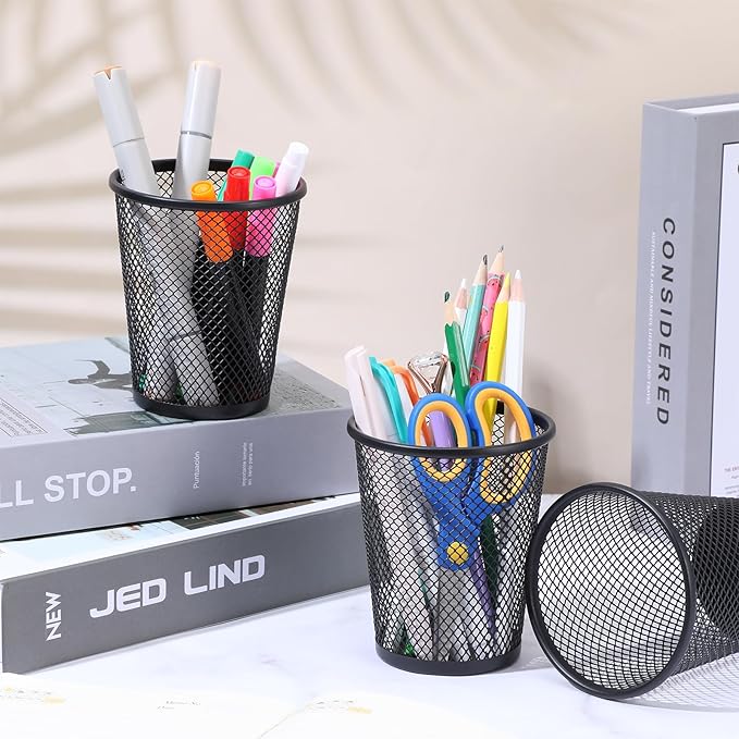 12 PCS Mesh Pen Cup, Metal Pencil Holder, Pen Holder Cup ,Pencil Cup, Round Office Classroom Pen Organizer Cup, for Students Kids Adult (Black)