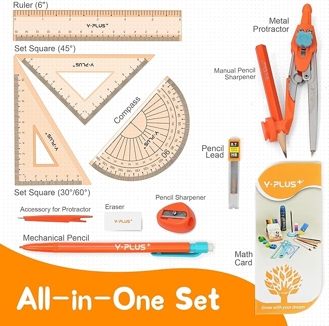 YPLUS Geometry Set for Students, Math Protractor Compass with Rulers Mechanical Pencil, Box of Protactors Kit for Class Supplies and School Kids Toddler - 12 Pcs, Back to School Supplies for Kids