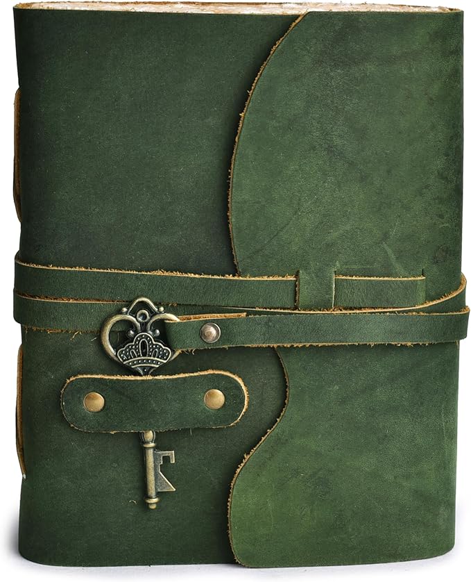 LEATHER VILLAGE Vintage Leather Journal – 200 Handmade Vintage Deckle Edge Paper – Leather bound Journal For Women Men – Vintage Key Closure - Book of Shadows - Green - 13X8 inches