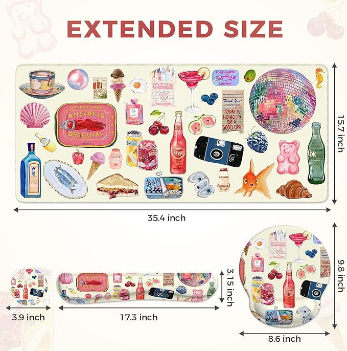 iCasso Desk Pad Mat, Large Mouse Pad and Keyboard Wrist Rest Set, Desk Protector Mat,4in1 Ergonomic Carpal Tunnel Keyboard Pad with Wrist Support for Desktop Home Office Computer (Watercolor Stickers)