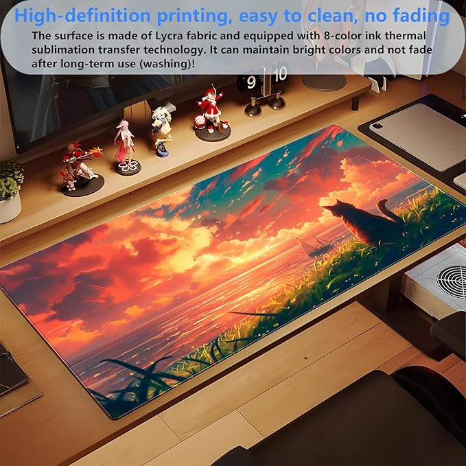 Cute Cat Anime Sunset Ocean Large Gaming Mouse Pad - 31.5x15.7 Inch XL Extended Desk Mat for Keyboard & Mouse, Kawaii PC Desktop Decor