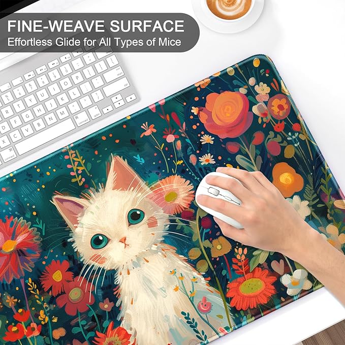 Auhoahsil Large Gaming Mouse Pad, Cat Theme XXL 35.4 x 15.7 in Desk Pad Stitched Non-Slip Rubber Long Computer Mousepad Thin Extended Full Size Desk Mat for Desktop, Laptop, Wireless Mice, Red Black