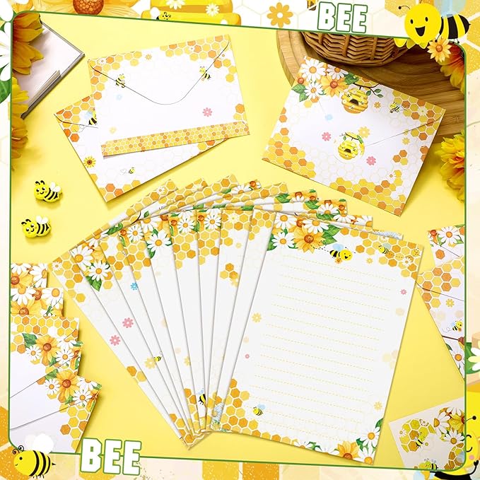 TaoBary 160 Pcs Stationery Paper Set 50 Double Sided Stationery Papers with 50 Matching Envelopes and 60 Round Dot Sticker, 10 Design(Bee,8.25 x5.5 Inch)