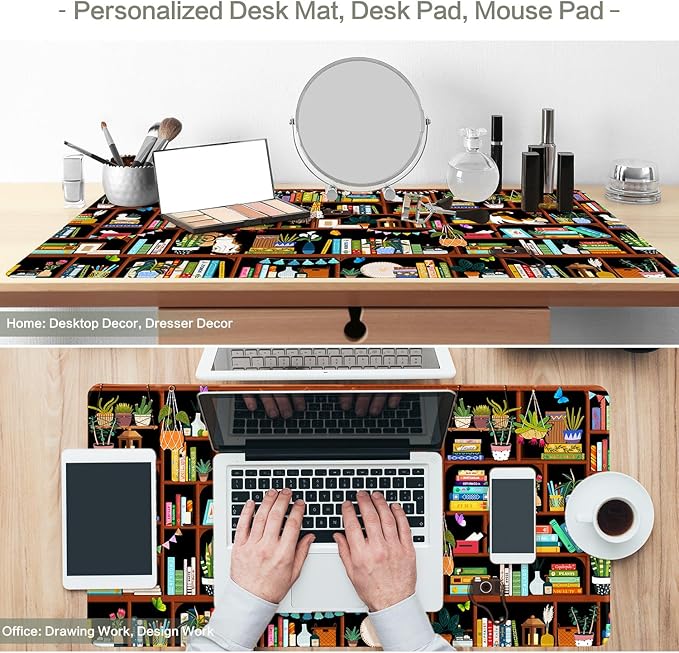 Vimorco Desk Mat Mouse Pad Cozy Cats, Cute Cat XXL Extended Large Gaming Desk Pad Mousepad, Computer Laptop Keyboard Mouse Mat for Work/Game/Office/Home 31.5x15.7 in, Bookshelf Greenery