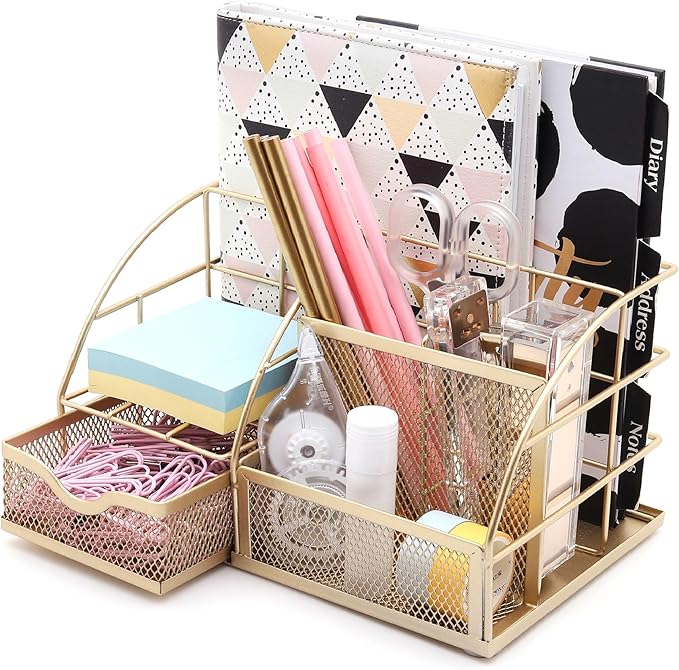 Exerz Desk Organizer Golden Office Desk Accessories Supplies Office Storage Desktop Pencil Pen Holder with Drawer Home Workspace