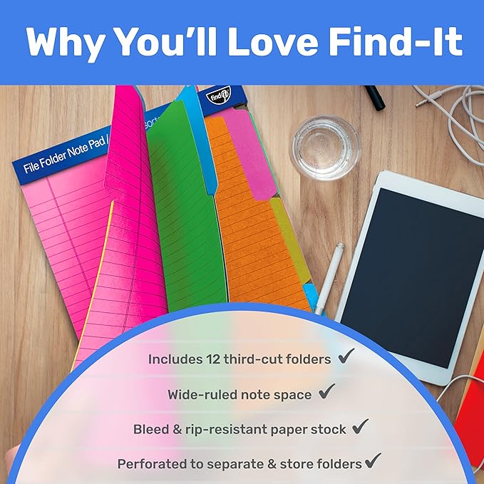 Find It File Folder Notepad - Pack of 12-9.5 x 12.5 Inch Notebook Organizer Folders for Filing, Document, and Clipboard Organization - Assorted Neon Colors