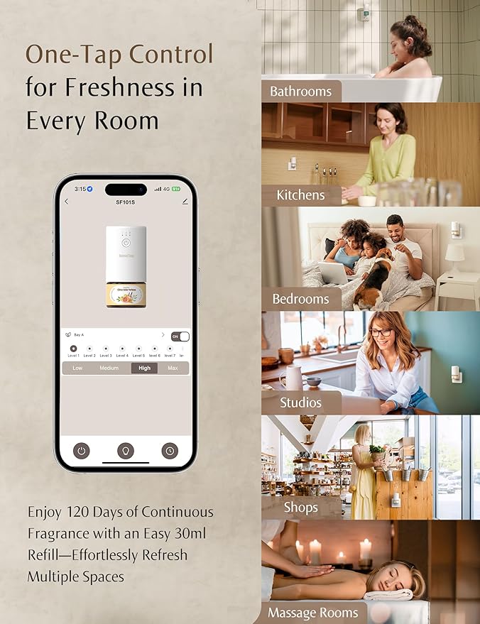 SF101S Smart Wi-Fi Waterless Ultrasonic Essential Oil Diffuser–100% Plant-Based,120-Day Natural Air Freshener & Aromatherapy scent Diffuser Covers 100㎡ for Home,Hotel-Pear & Freesia