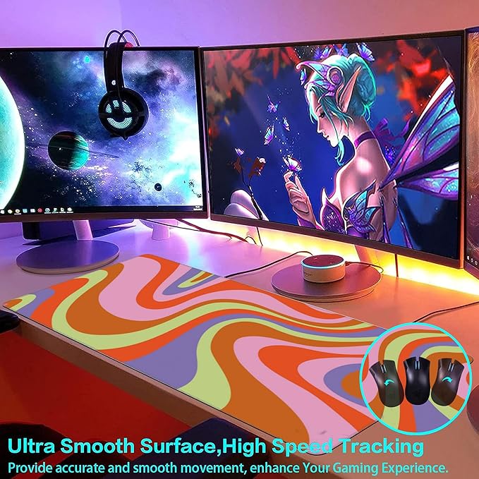 Large Gaming Mouse Pad for Desk, Retro Hippie Colorful Wave Patterns Desk Mat for Desktop, Non-Slip Rubber Base Stitched Edges Long Computer Keyboard Mouse Mat Desk Pad for Home Office 35.4"X15.7"