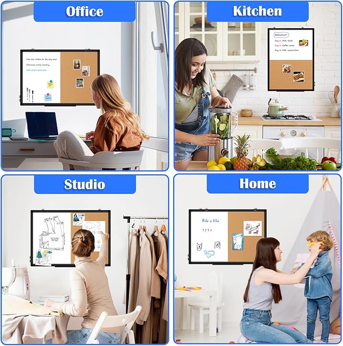 [24" x 18"] WALGLASS Dry Erase and Bulletin Boards Combo, Magnetic White Board Cork Board for Wall, Whiteboard & Corkboard Combination with Aluminum Frame, for Home, Classroom, Office