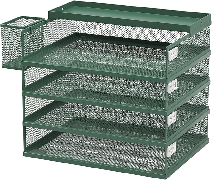 Metal Stackable Letter Trays, 4-Tier Desk Organizer & Paper Trays for Office, Stackable File & Document Tray with Magnetic Labels,Green