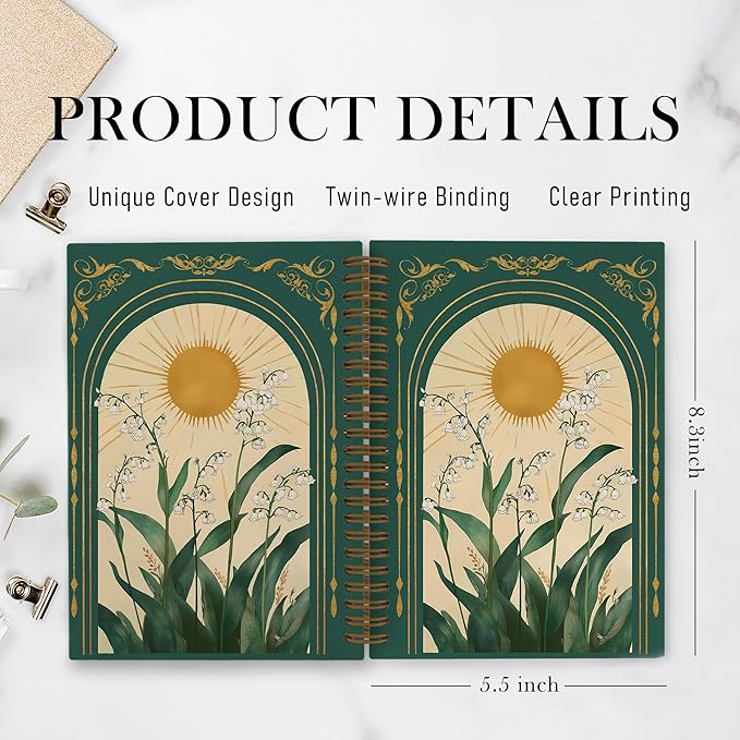 Green Boho Floral Spiral Notebook, Vintage Lily Sun Botanical Flowers Journal Notebook, Green Floral Notebooks for School Work, Boho Office Supplies Gifts for Women, 5.5x8.3 Inch