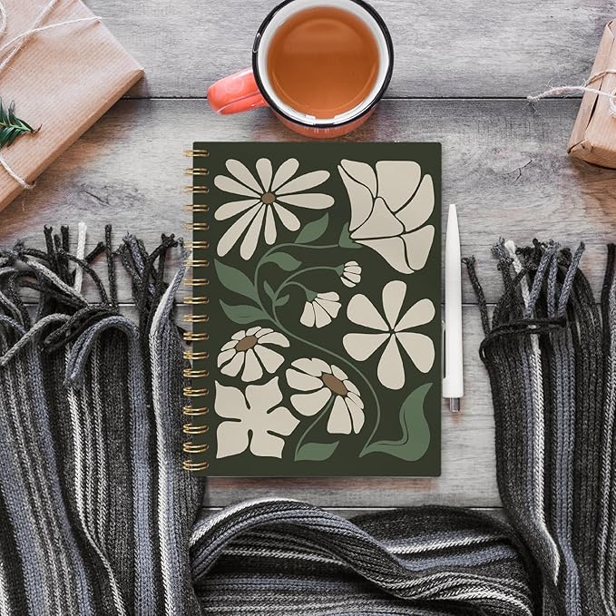 VONTP Boho Abstract Floral Spiral Notebook, Green Flower Aesthetic Journal, Boho Office Supplies, Abstract Botanical Floral College Ruled Notebook Journal for Writing, 5.5x8.3