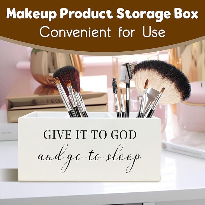 Give it To God and Go To Sleep Christian Sign Pen Holder for Bedroom Decor Desk Shelf, Prayer Sign Christian Gifts for Women Religion Decor Wooden Pencil Organizer