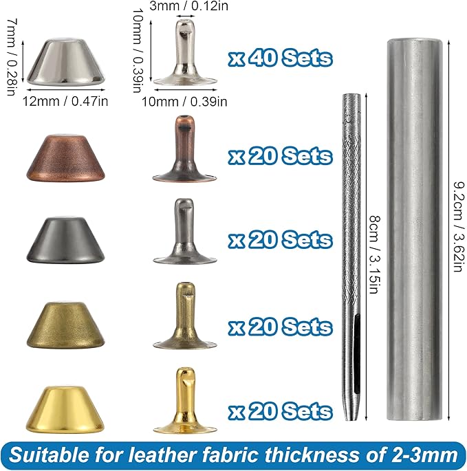 YORANYO 120 Sets 12x7mm Purse Feet for Handbags Barrel Leather Rivets Studs for Clothing Metal Studs and Spikes with Hole Punch and Barrel Rivet Setter for Shoes Bags Belts Dog Collars Leather Craft