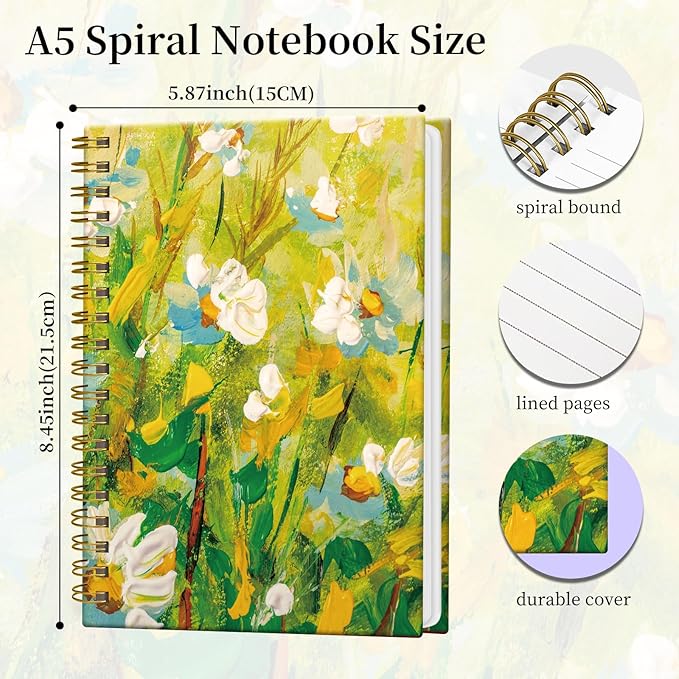 Spiral Notebook Journal for Women Men, A5 Hardcover Journal, 120 Pages Thick Paper, College Ruled Writing Notebook for School, Work & Office 8.3'' × 5.9''(Chamomile Daisy Flowers)