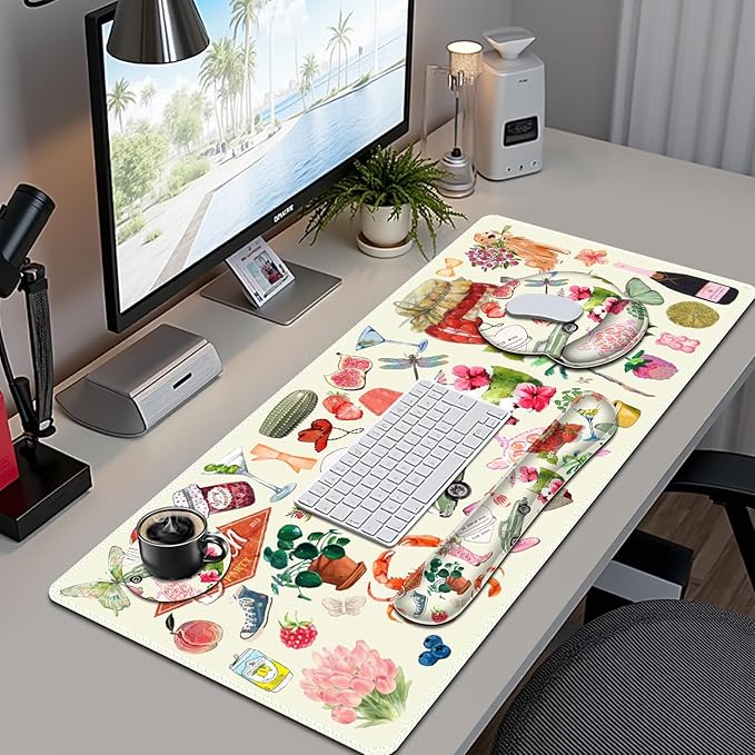 Mouse Pad, 4 in1 Large Desk Mat, Desk Pad Matt for Desktop, Anti-Slip XXL Big Computer Ergonomic Mousepad with Wrist Support for Keyboard and Mouse for Women I Watercolor Stickers
