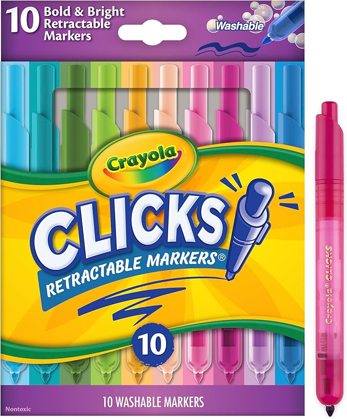 Crayola Clicks Retractable Markers - Bold (10ct), No Dry Washable Markers for Kids, Click Markers for School, Must Have Coloring Supplies, Gifts