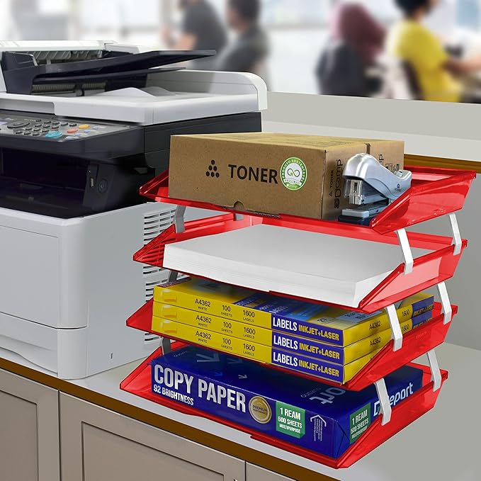 Acrimet Facility 4 Tier Letter Tray, Side Load, Letter Size/A4, Desktop File Organizer, Plastic (Clear Red)