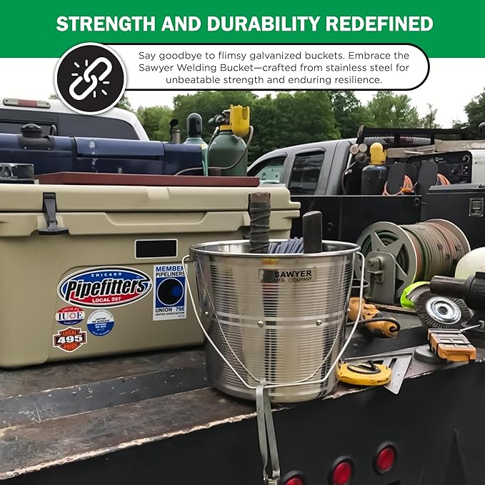 Sawyer’s Stainless Steel Welding Rod Bucket - 4.5 Gal Metal Pail with Partitioned Storage for Electrodes & Stubs, Holds 500+ lbs, Portable Handle, Durable Design for Tools & Storage