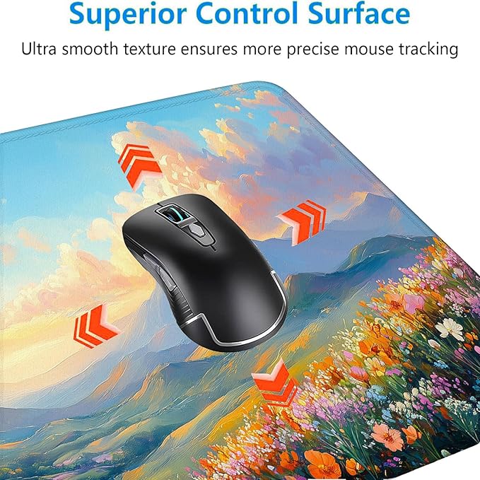 Flowers Desk Pad Mouse Pad Watercolor Dream Landscape Field Hills Gaming Mouse Mat with Stitched Edges,Non-Slip Waterproof Rubber Base Mouse Mat Office Computer Keyboard Laptop Home 31.5"x11.8"