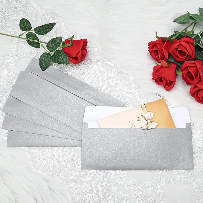 100 Pack Metallic Silver Envelopes #10 Business Envelopes 4-1/8 x 9-1/2 Self adhesive Mailing Envelopes for Office, Business Letterhead, Invoices, Personal Mailing, Letters, Unique Invitations