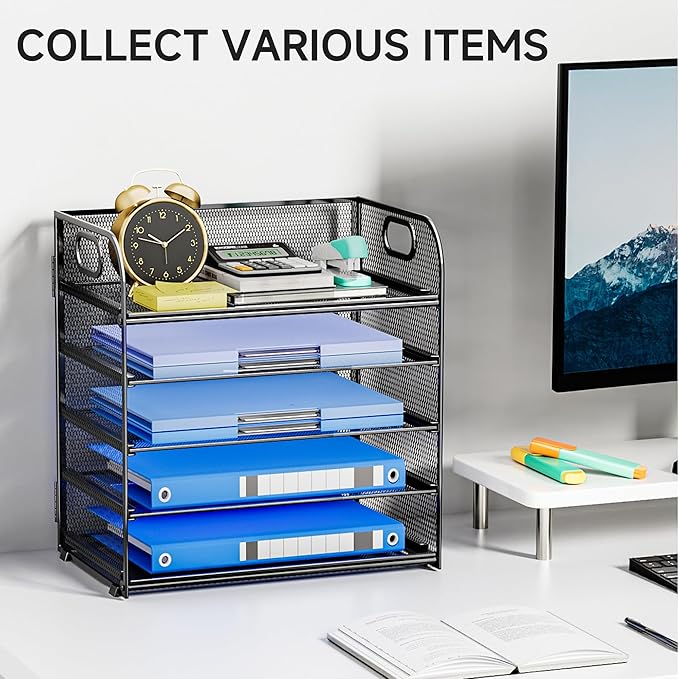 Paper Organizer for Desk Accessories & workspace 5 Tier Organizers Organizer with Handle Letter Tray Mesh Paper Sorter Desk Organizer for Office Home Supplies-Black