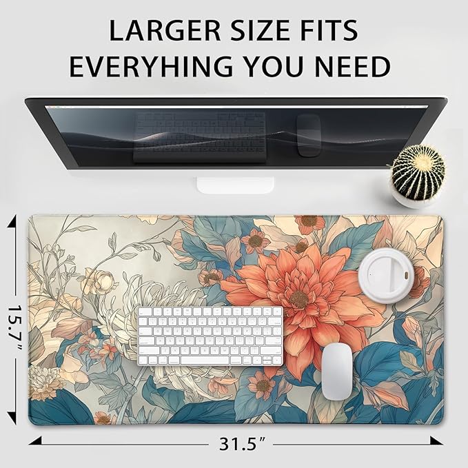 Japanese Minimalist Floral Large Gaming Mouse Pad 31.5"x15.7"｜ Aesthetic Flower XXL Desk Mat, Non-Slip Rubber Base & Stitched Edges - Extended Mousepad for PC/Laptop/Office/Home Decor
