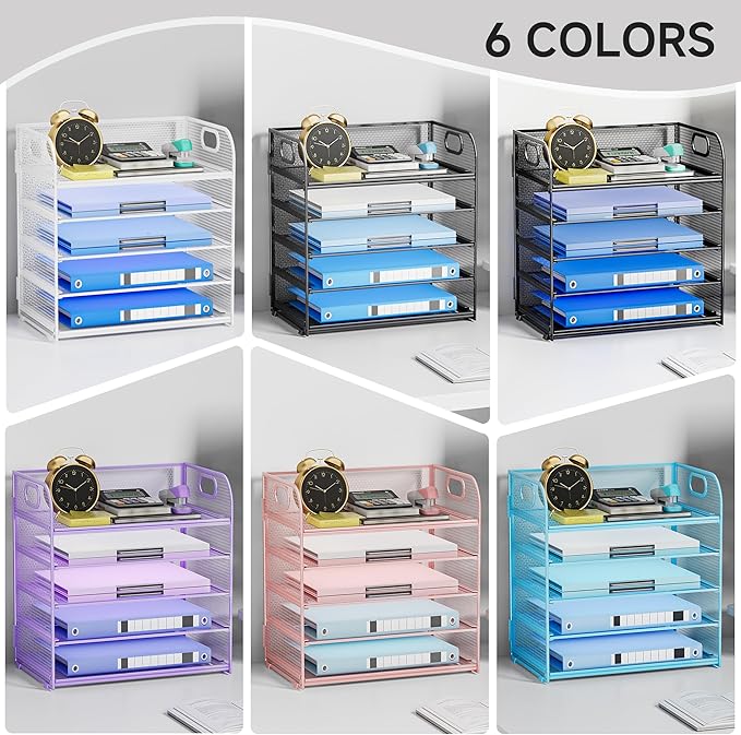 5 Tier Paper Organizer for Desk Organizer with Handle Mesh Letter Tray Organizer and Accessories Paper Sorter for Office or School-White
