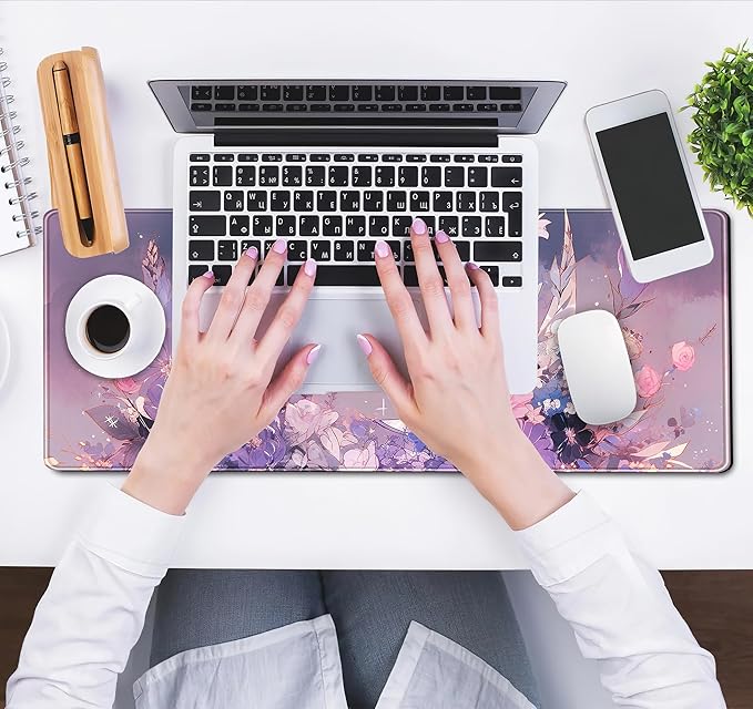 Cool Kawaii Pastel Purple Floral Desk Mat Mouse Pad Large Gaming Mousepad Spiritual Full Moon XL Extended Desk Pad Laptop Keyboard Mouse Mat, Cute Deskmat for Women Office Decor 31.5''x11.8''