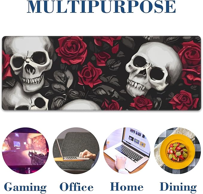 Large Gaming Mouse Pad for Desk Skulls and Roses Big Desk Mat Extended Mousepad with Stitched Edge and Non-Slip Base Long Computer Keyboard Mouse Mat for Home Office Work, 11.8 x 31.5 Inch