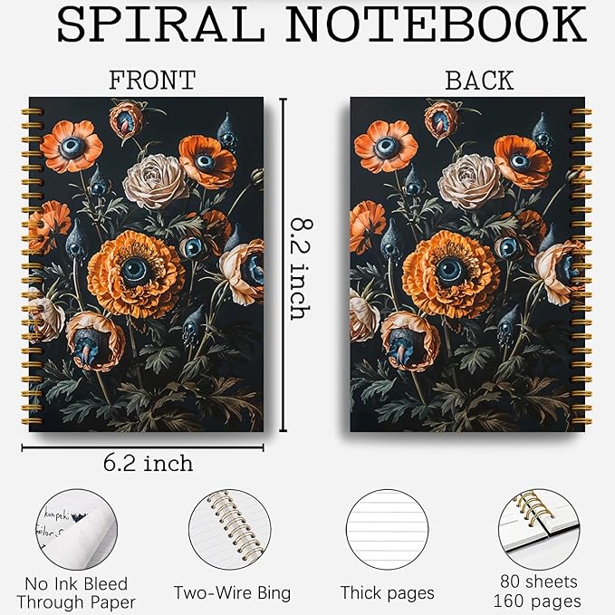 Gothic Notebook Journal, Witchy Journal Notebook, Vintage Dark Academia Floral Evil Eyes Notebook Journal, Macabre Gifts, Journal Notebooks for Note Taking, Spiral Notebook 5.5x8.3 Inch