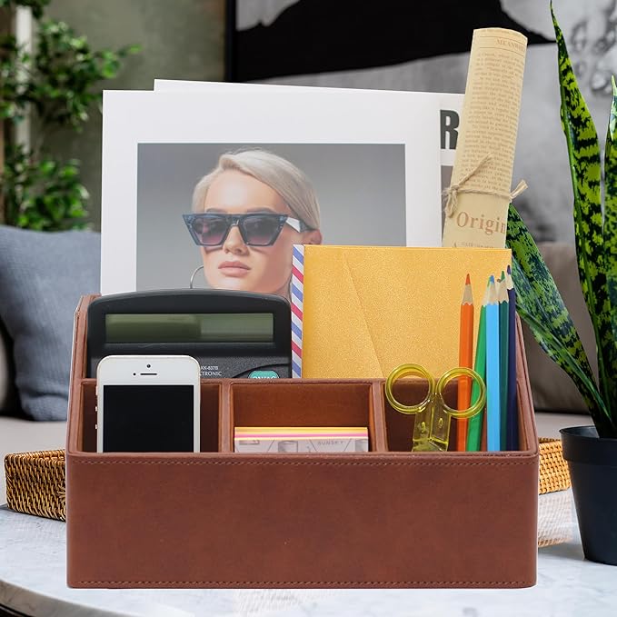 Desk Organizer, Mail Organizer Countertop, Bills Organizer, Mail Sorters, Magazine Holder, Desk Organizer and Accessories for Office Supplies, Brown Leather