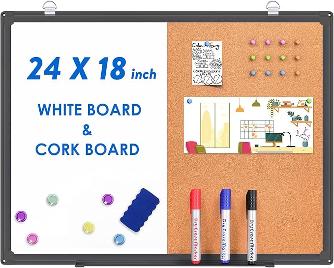 Magnetic White Board and Cork Board Combo, 24 X 18 inches Whiteboard Bulletin Combination Board, Wall Mounted Dry Erase Message Board for Home, School and Office, Black