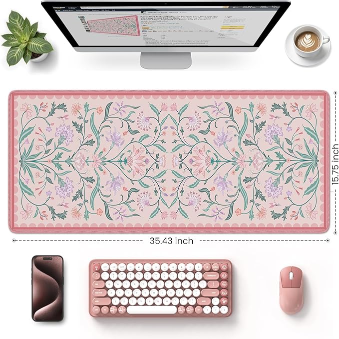 HAOCOO Pink Desk Mat, Aesthetic Flower Mouse Pad, 35.4" x 15.7" Computer Mat, Keyboard Pad Dorm Decor, Non-Slip Mouse Pad for Laptop with Stitched Edges, Home Office Desk Protector