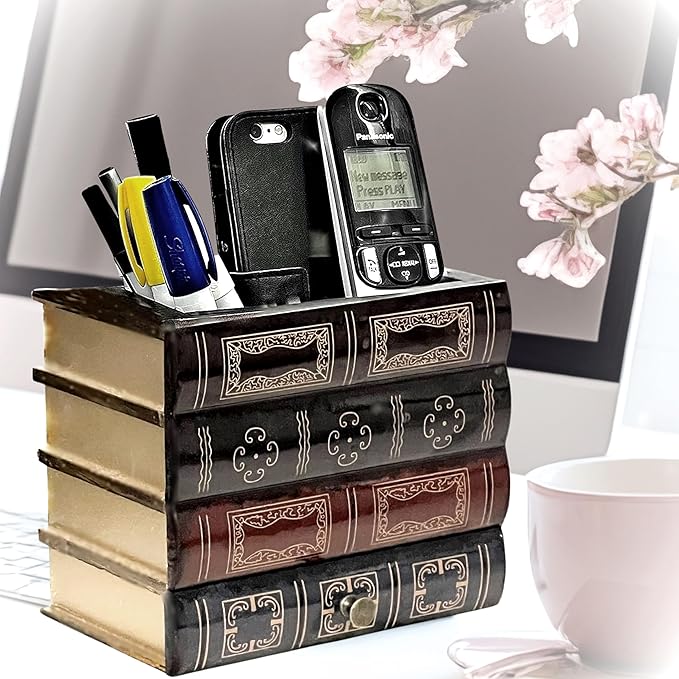 Bellaa 20591 Pencil Pen Holder Desk Organizer Caddy Bottom Storage Drawer Antique Vintage Books Decorative Design Home Office Library