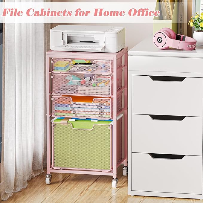4 Drawer Rolling File Cart Under Desk Storage, File Cabinets for Home Office, Mobile Filing Cabinet, Hanging File Organizer with Wheels, Utility Cart Printer Stand, Pink (Patent Pending)