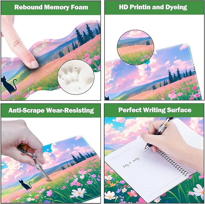 ARTSO Keyboard Wrist Rest Large Mouse Pad Wrist Support, 4 in 1 Memory Foam Keyboard Pad Desk Mat Set, Ergonomic Wrist Rest Cushion for Home Office Gaming-Cat and Flower Sea