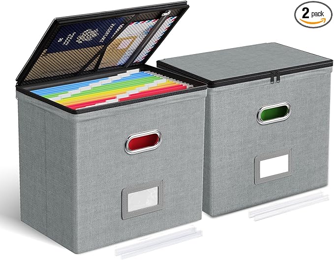 Oterri 2 Pack File Organizer Boxes with Lids, File Box with Mesh Pockets, Document Organizer Box for File Folders Letter Size, Zippers Filing Box for Home, Office, School (Grey, Without Folders)