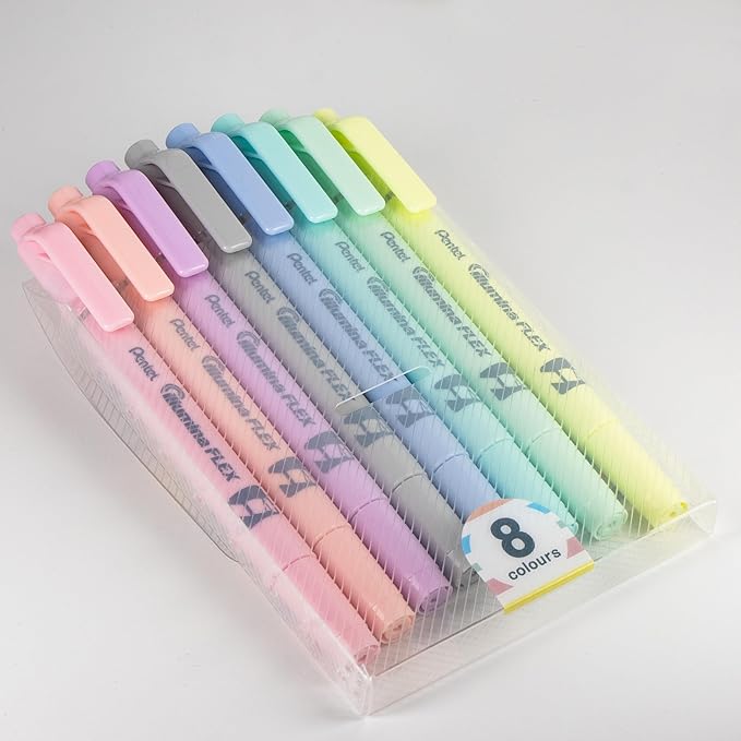 Pentel Illumina Flex Twin Tip Highlighter, Dual-Tip Marker Highlighter, Flex Tip and Chisel, 8 Asstorted Pastel Ink Colors, Pack of 8 (SLW11P-8E)
