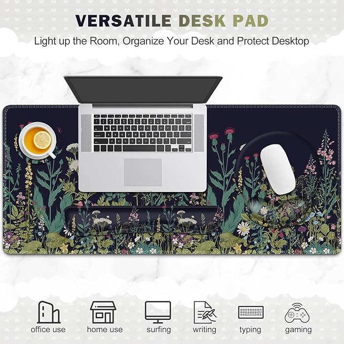 ToLuLu Desk Mat, XXL Large Mouse Pad Wrist Support Set，4 in1 Gaming Mousepad Desk Pad+ Ergonomic Mouse Pad with Wrist Rest + Keyboard Wrist Rest+Coaster for Home Office Computer Table, Weeds Plants