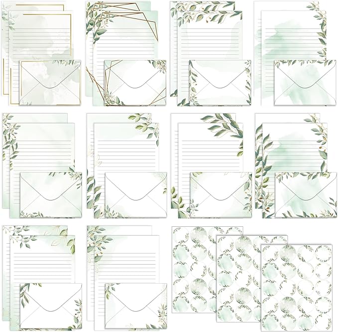 TaoBary 160 Pcs Stationery Paper Set 50 Double Sided Stationery Papers with 50 Matching Envelopes and 60 Round Dot Sticker, 10 Design(Eucalyptus,5.5 x 8.25 Inch)