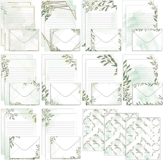 TaoBary 160 Pcs Stationery Paper Set 50 Double Sided Stationery Papers with 50 Matching Envelopes and 60 Round Dot Sticker, 10 Design(Eucalyptus,5.5 x 8.25 Inch)